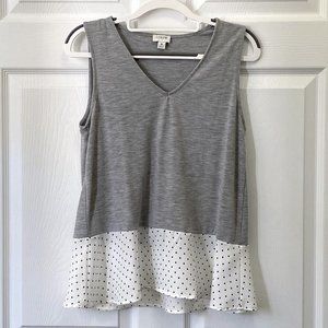 J. Crew Women's V neck Tank Top Gray Knit, Black and White Polka Dot Trim Size M